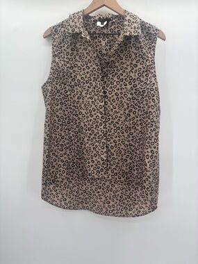 Theory Taupe and Black Cheetah Animal Print Sleeveless Blouse Size Large